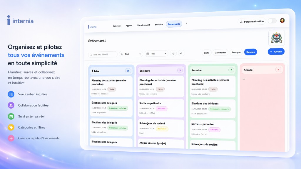 Événements : vue Kanban pour planifier et suivre les activités.